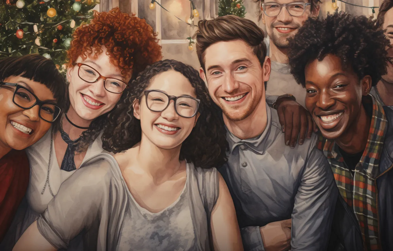 Photo wallpaper look, girl, joy, smile, tree, new year, Christmas, guy