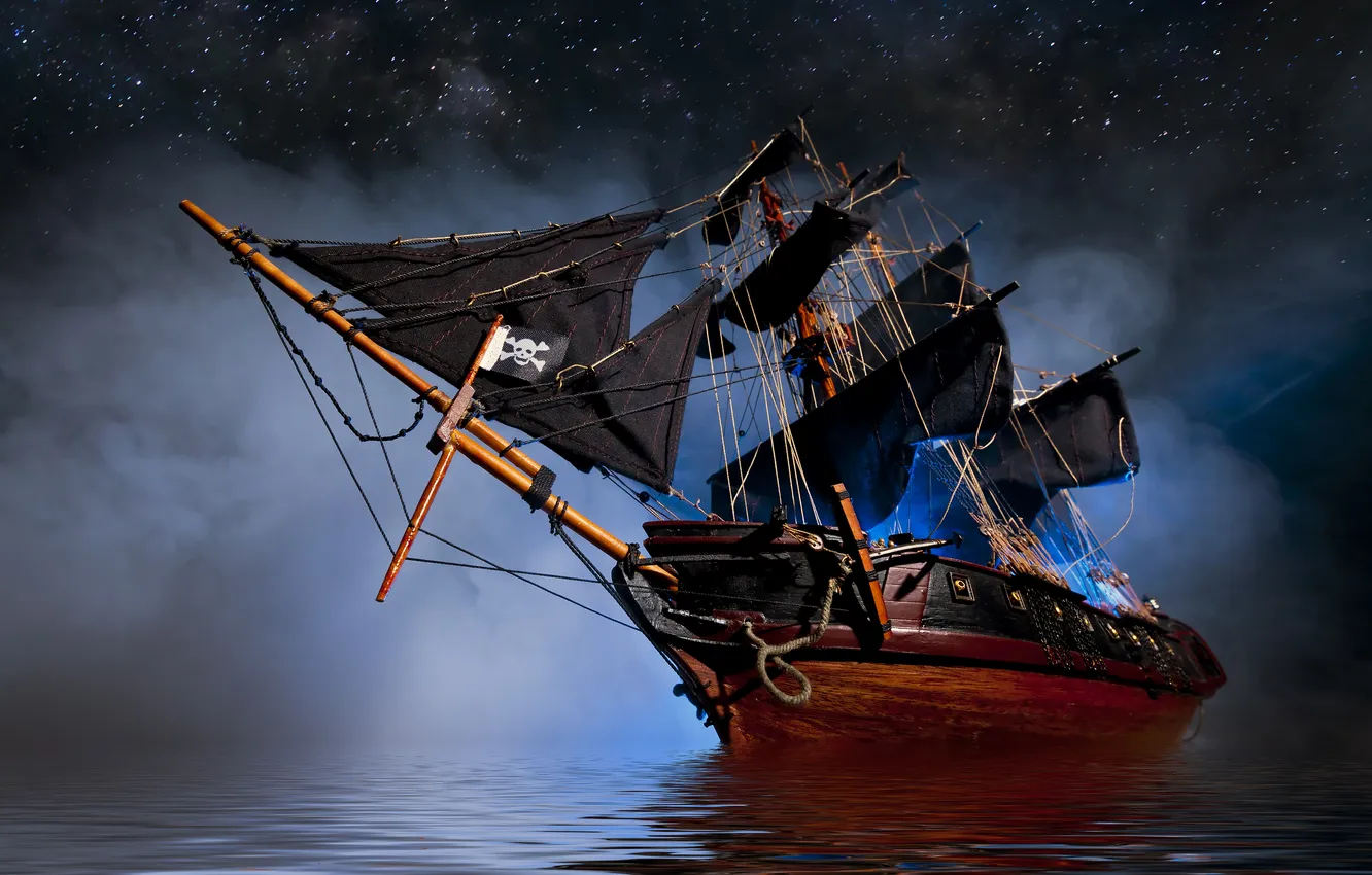 Photo wallpaper vintage, sea, pirate, smoke, old, ship, reflections, ripples