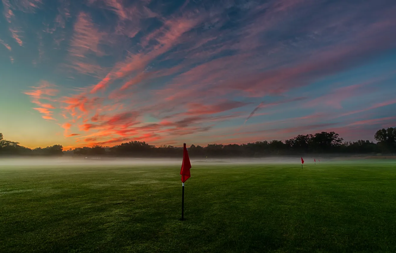Photo wallpaper field, fog, flags