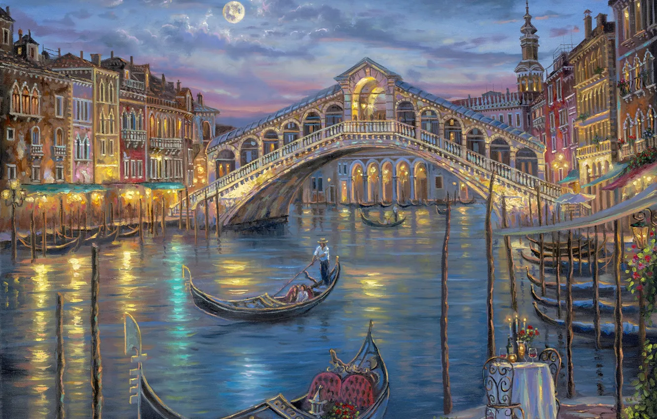 Photo wallpaper flowers, night, bridge, the moon, romance, candles, Italy, Venice
