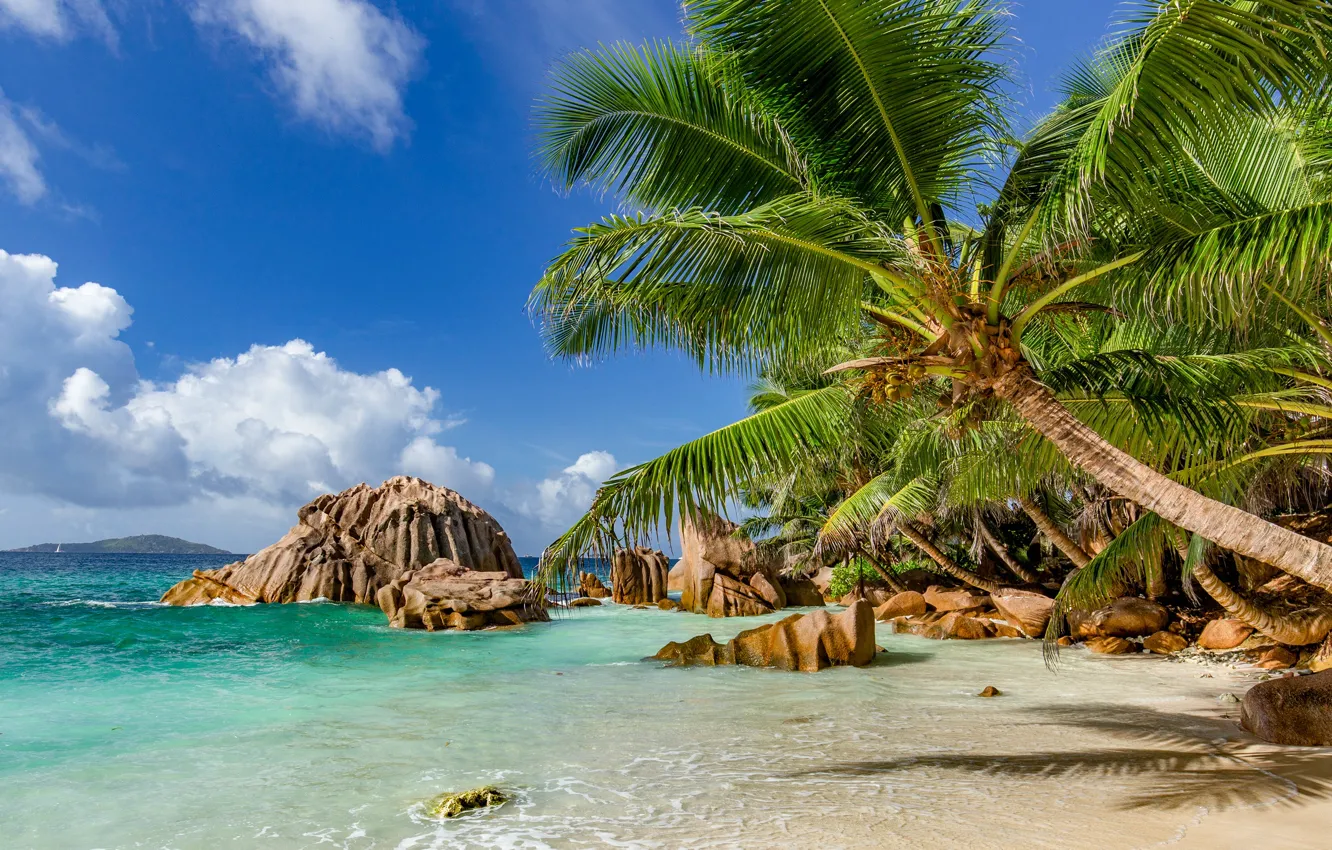 Photo wallpaper Seychelles, beach, sky, sea, clouds, rocks, sand, palms