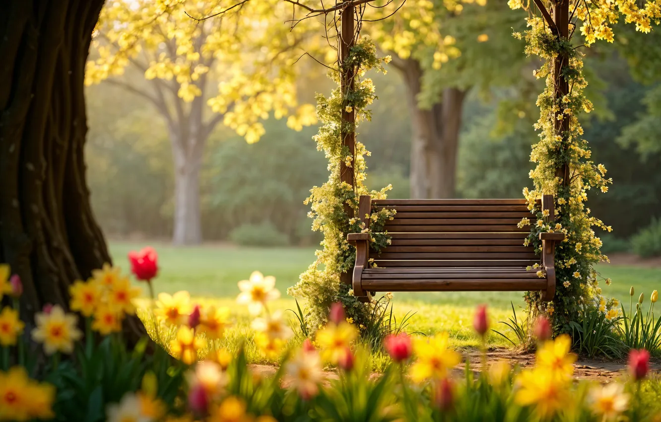 Photo wallpaper flowers, swing, spring, colorful, garden, meadow, blossom, flowers