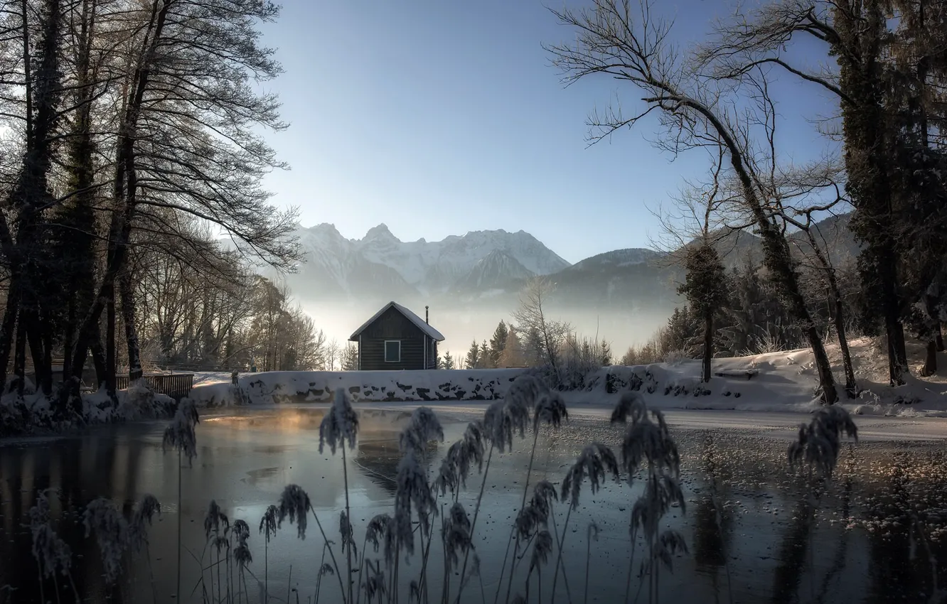 Photo wallpaper winter, mountains, lake, house, morning