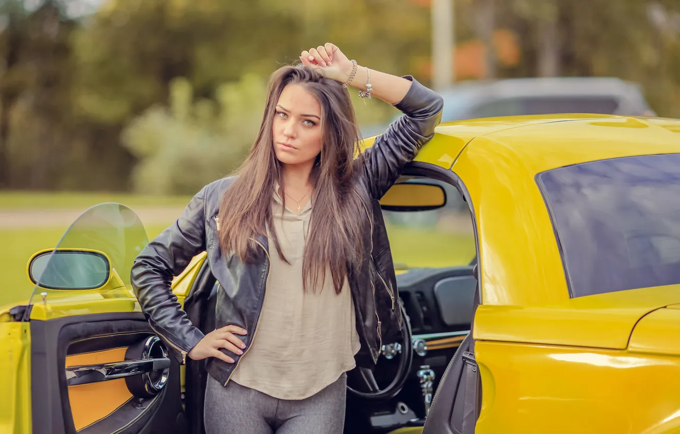 Photo wallpaper car, long hair, woman, young, beautiful, model, look, jacket