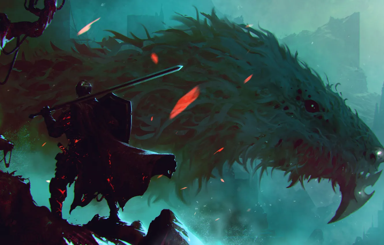 Photo wallpaper face, fiction, dragon, monster, sword, armor, warrior, sword