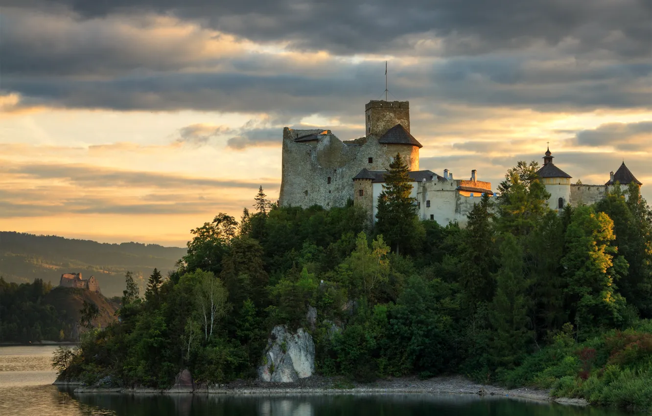 Photo wallpaper summer, the sky, clouds, trees, landscape, clouds, green, castle