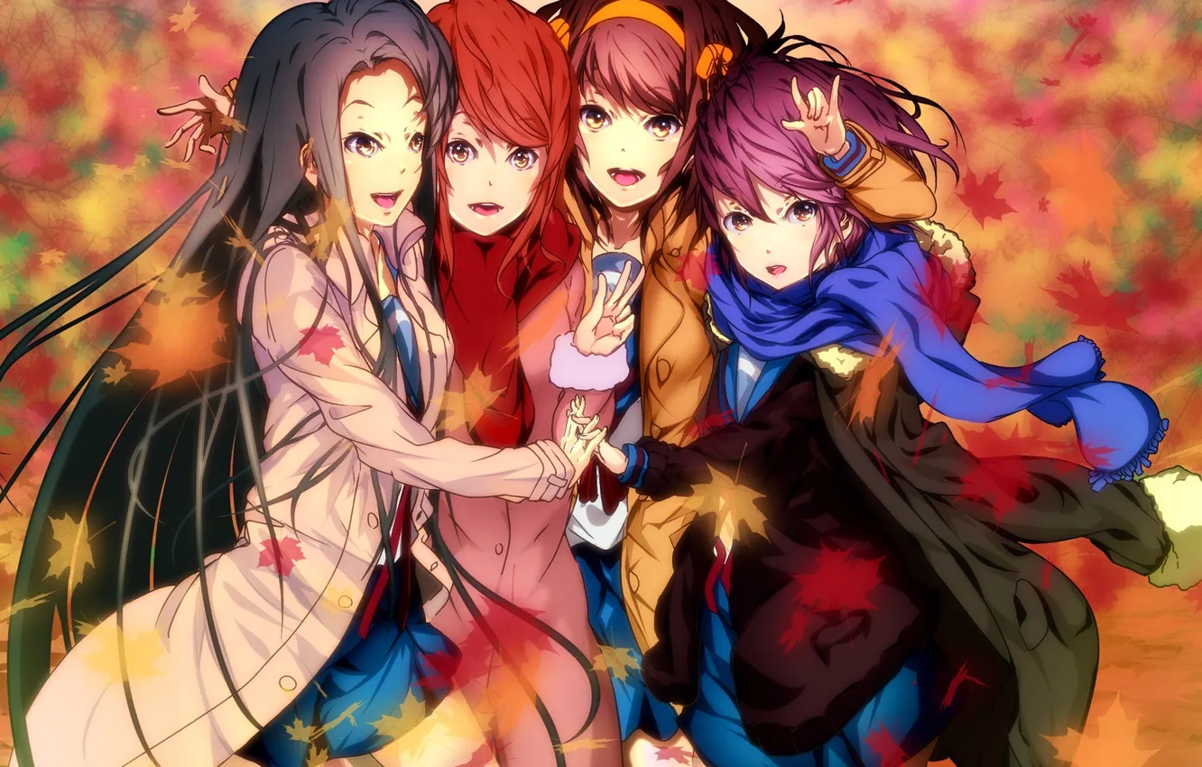 Photo wallpaper autumn, look, leaves, girl, joy, surprise, hugs, nagato yuki