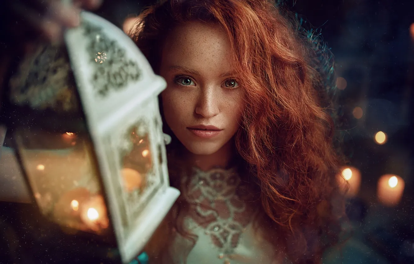 Photo wallpaper eyes, look, girl, hair, lights, red, girl, model