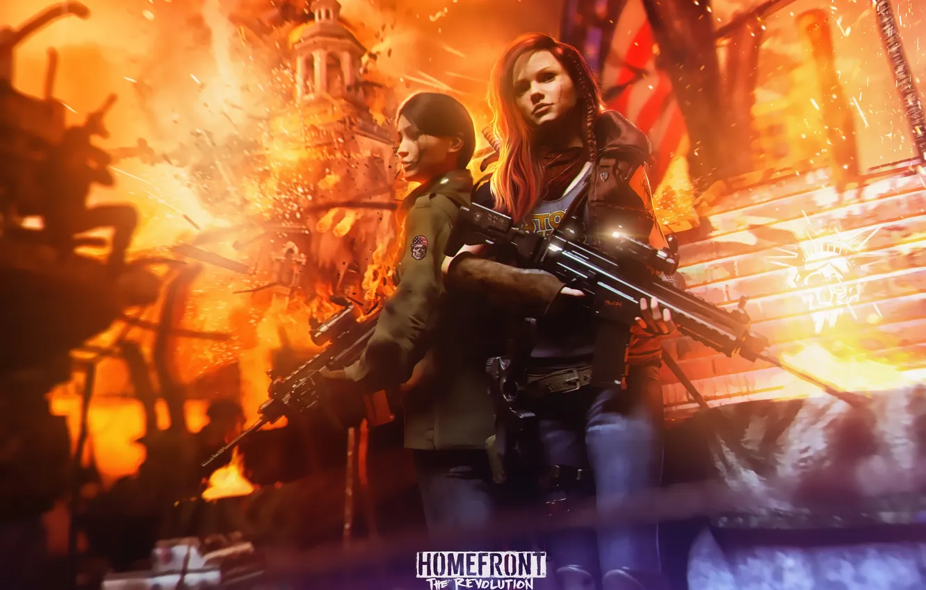 Photo wallpaper weapons, girls, fire, tower, flag, the uprising, Homefront: The Revolution