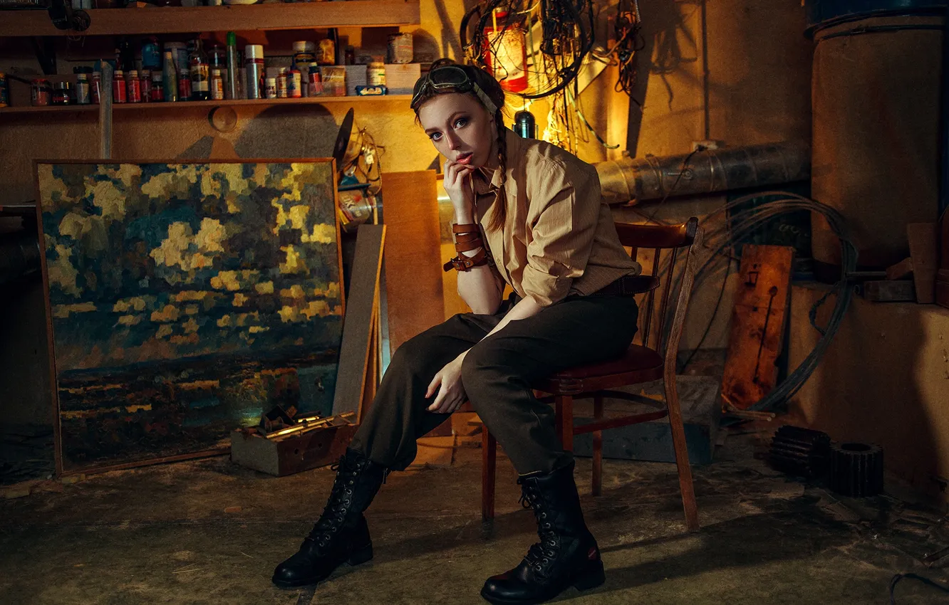 Photo wallpaper look, girl, model, picture, boots, chair, Olesya, Kirill Averyanov