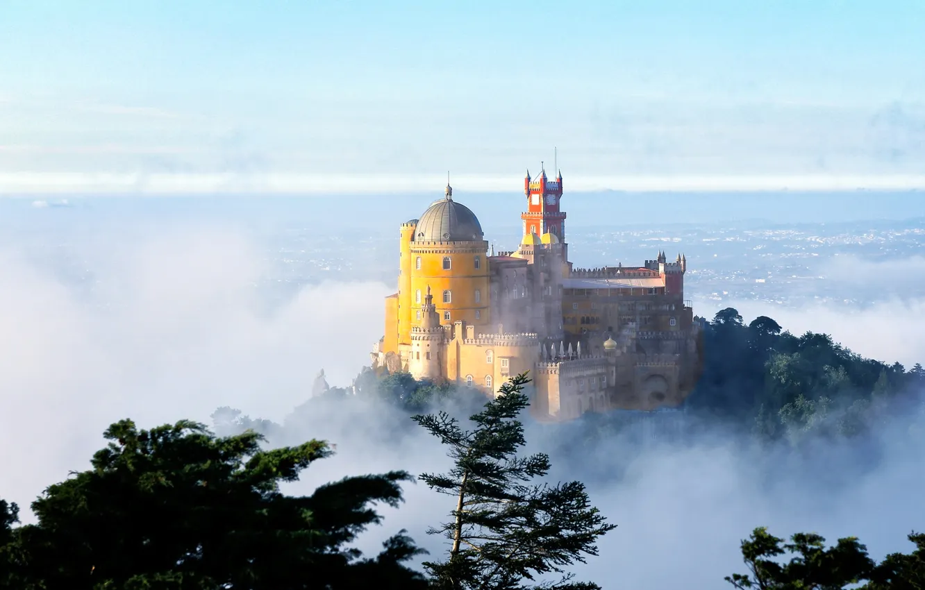 Photo wallpaper trees, fog, castle, morning, valley, Portugal, Foam, Palace
