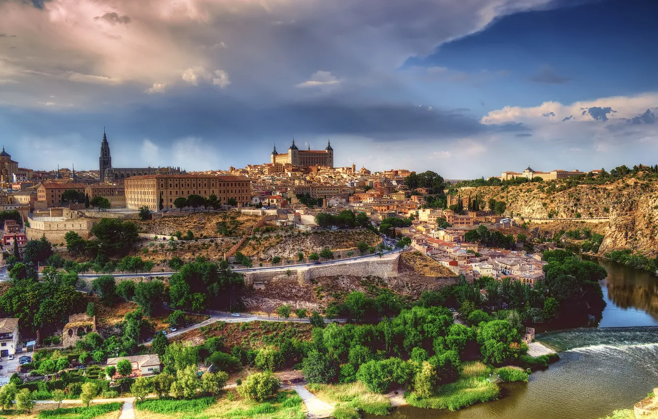Photo wallpaper the sky, clouds, trees, landscape, sunset, bridge, river, castle