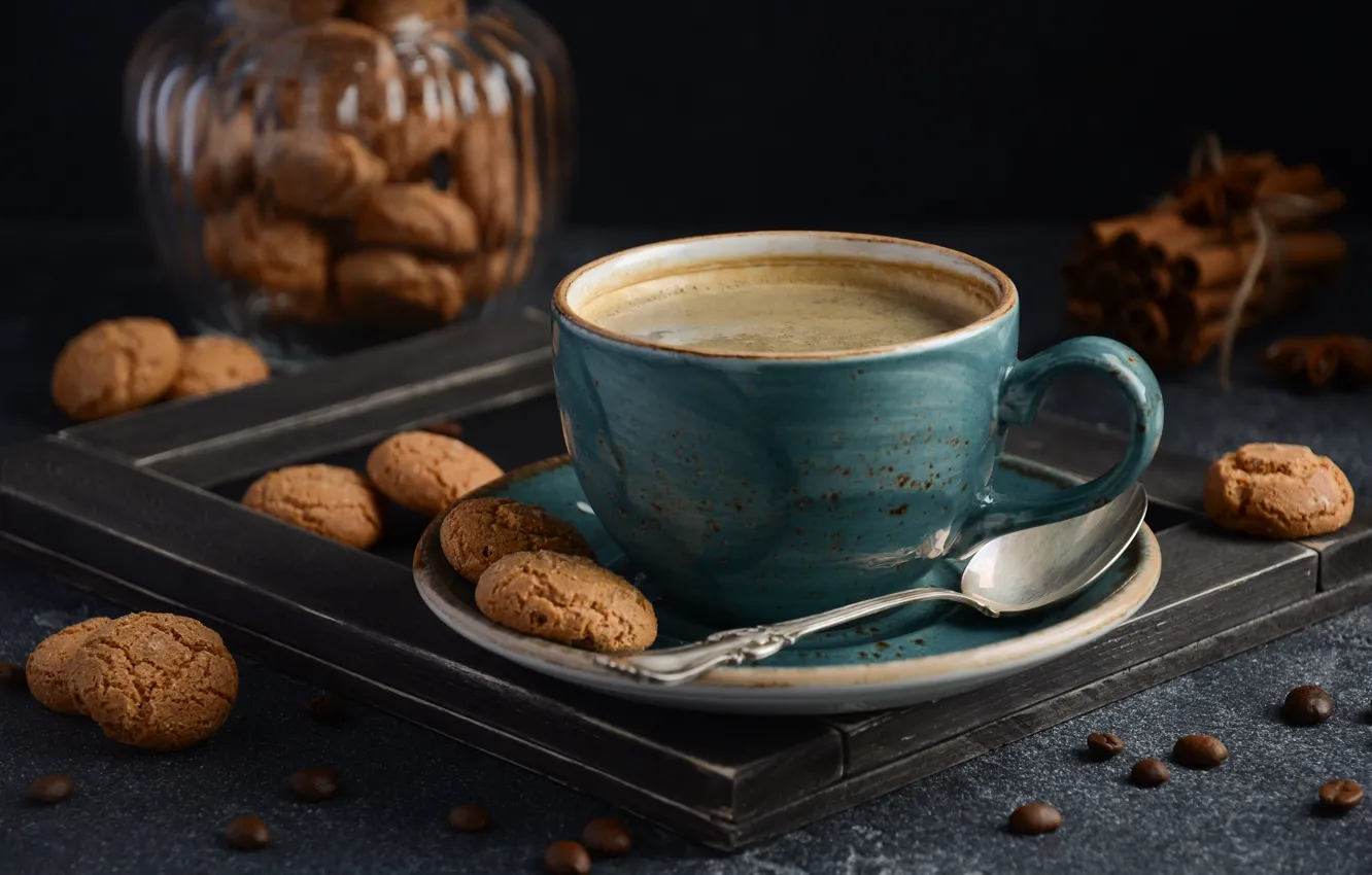 Photo wallpaper coffee, cookies, spoon, Cup, saucer, July Adm