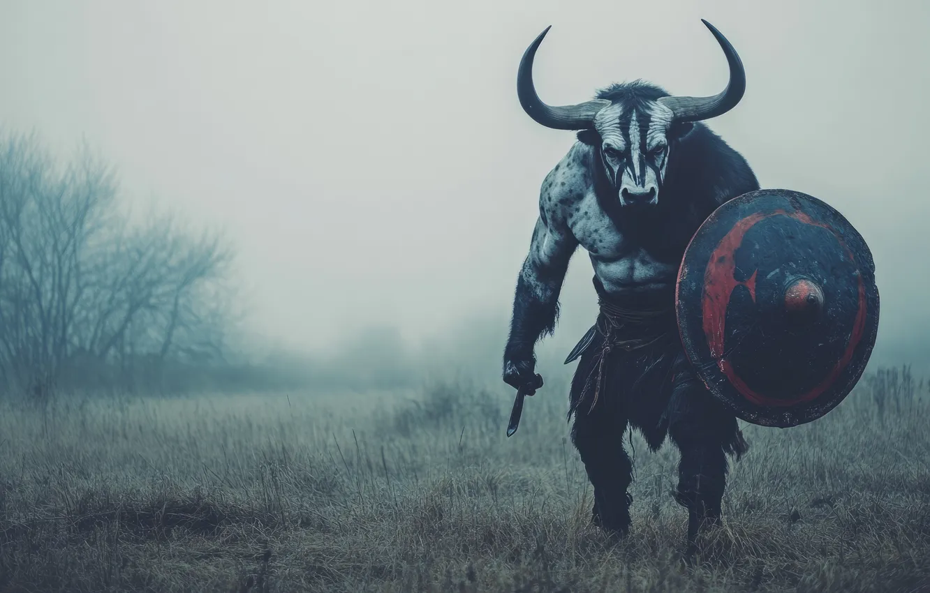 Photo wallpaper Fog, Warrior, Monster, Horns, Shield, Digital art, The Minotaur, Minotaur