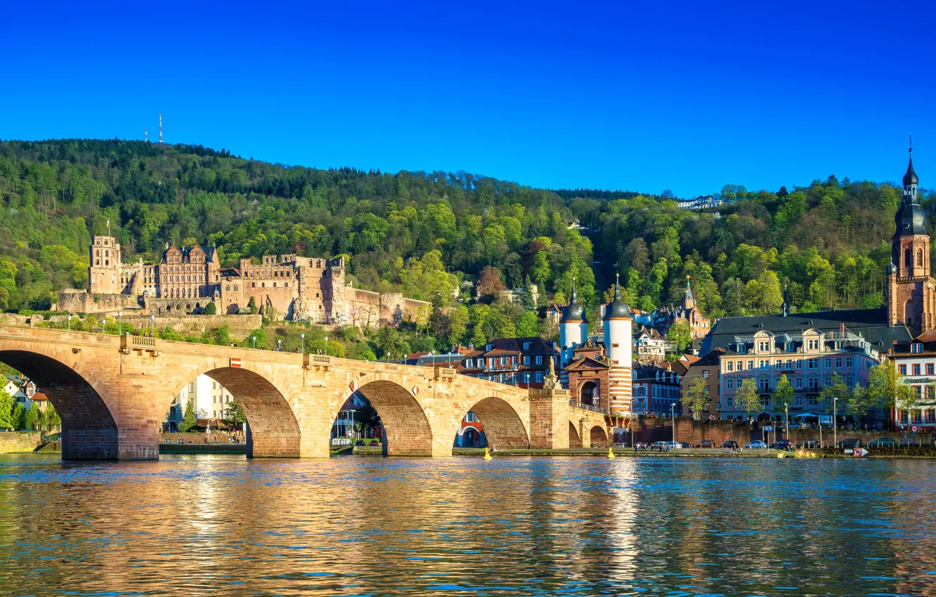 Photo wallpaper city, summer, sky, bridge, Germany, castle, sunny, Heidelberg