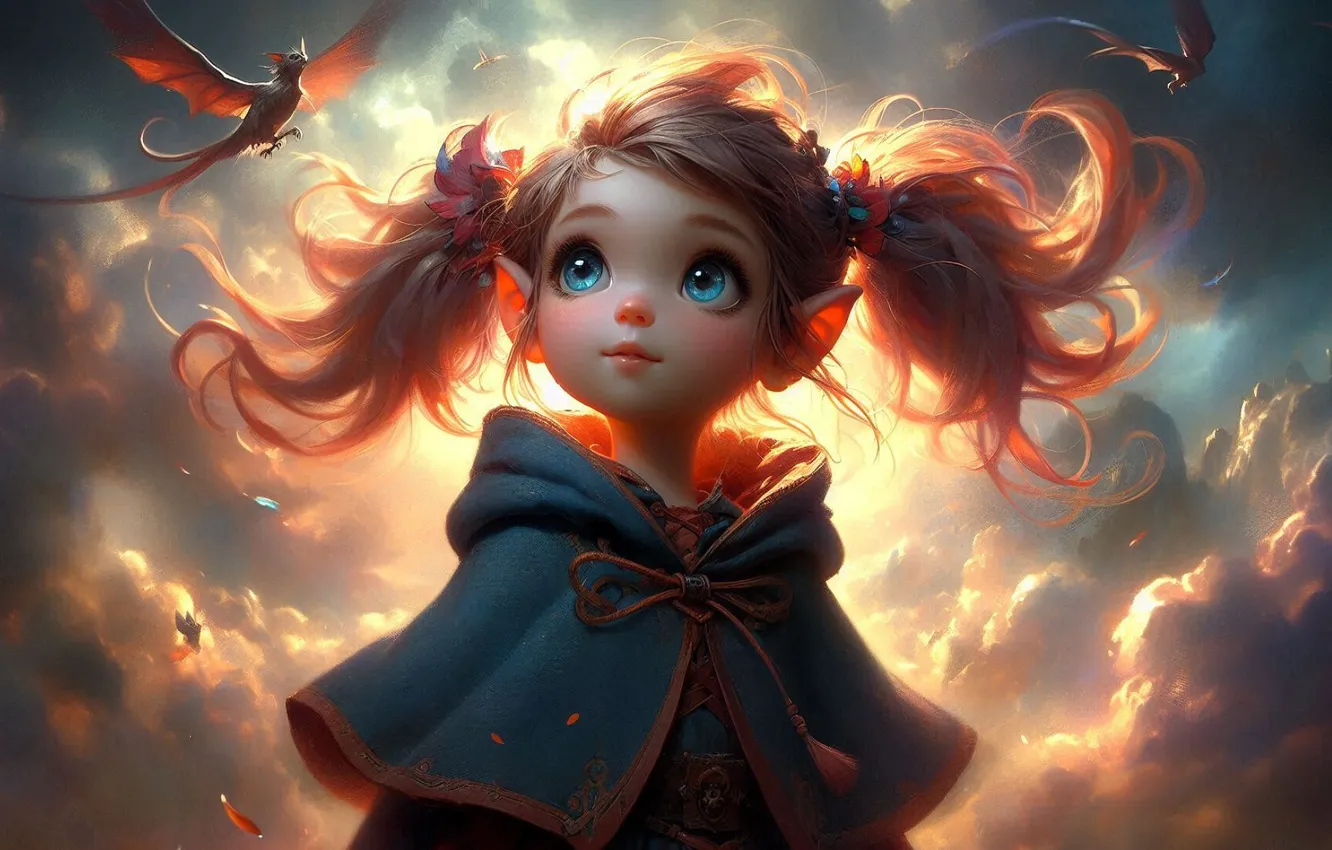 Photo wallpaper look, clouds, light, flight, nature, dragon, fantasy, hairstyle