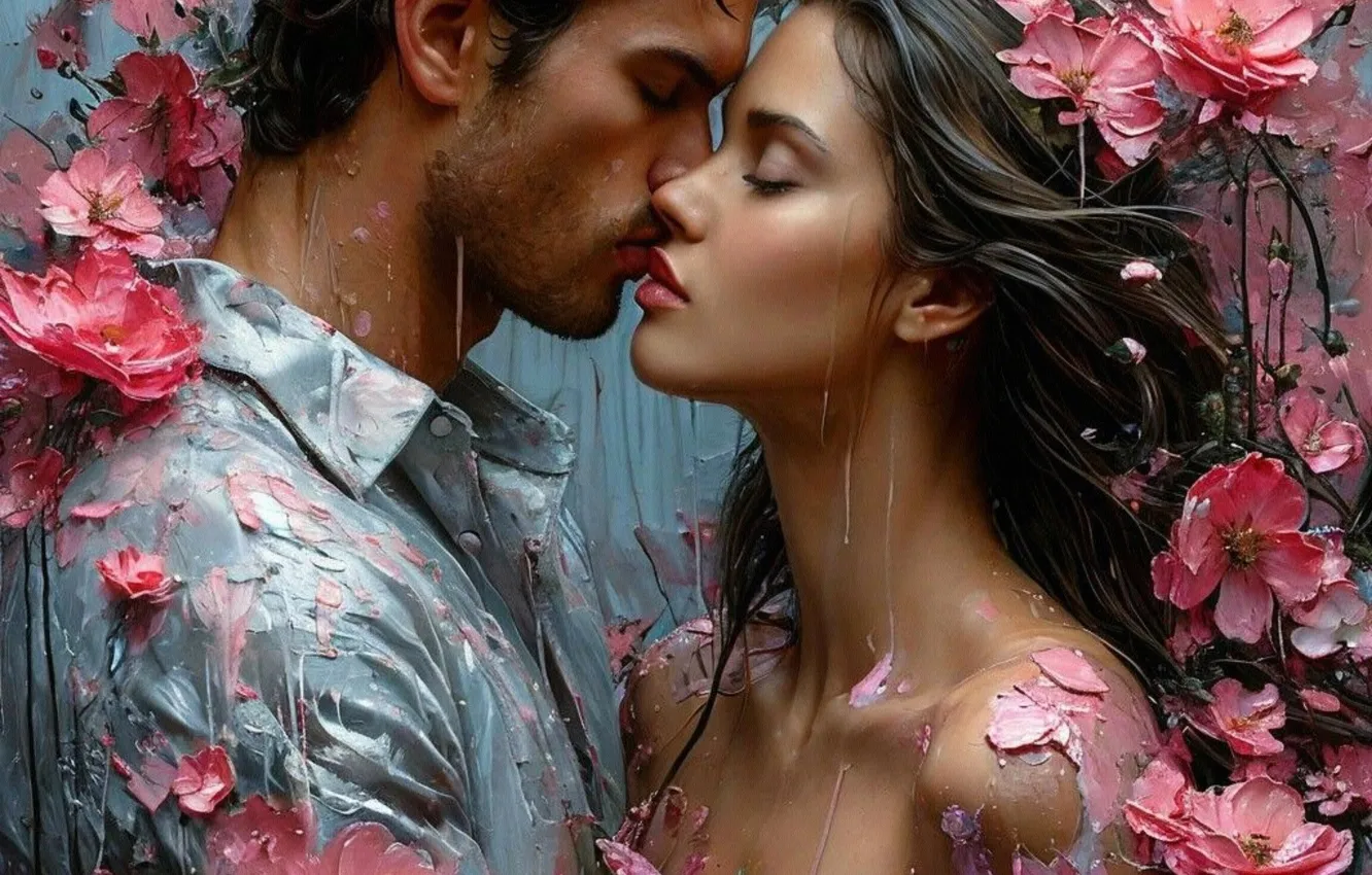 Photo wallpaper girl, drops, love, flowers, rain, kiss, pair, male