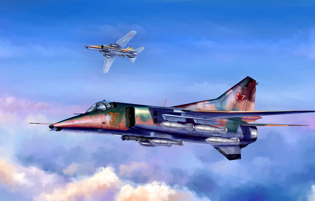 Photo wallpaper USSR, Supersonic, Fighter-bomber, The MiG-27, bombs, Flogger-D, six-barrel cannon GSH-6-30A