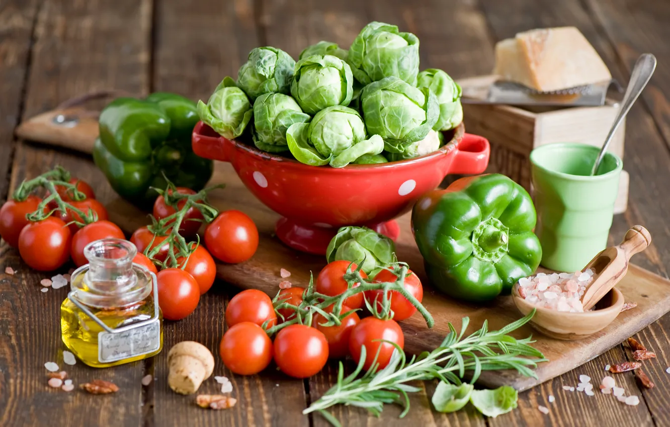 Photo wallpaper green, oil, cheese, dishes, pepper, vegetables, tomatoes, cabbage