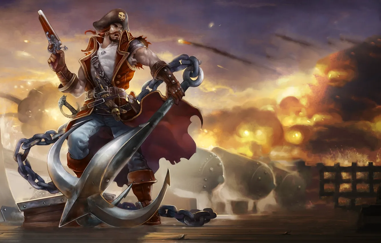 Photo wallpaper gun, weapons, fire, smoke, ship, gun, pirate, chain