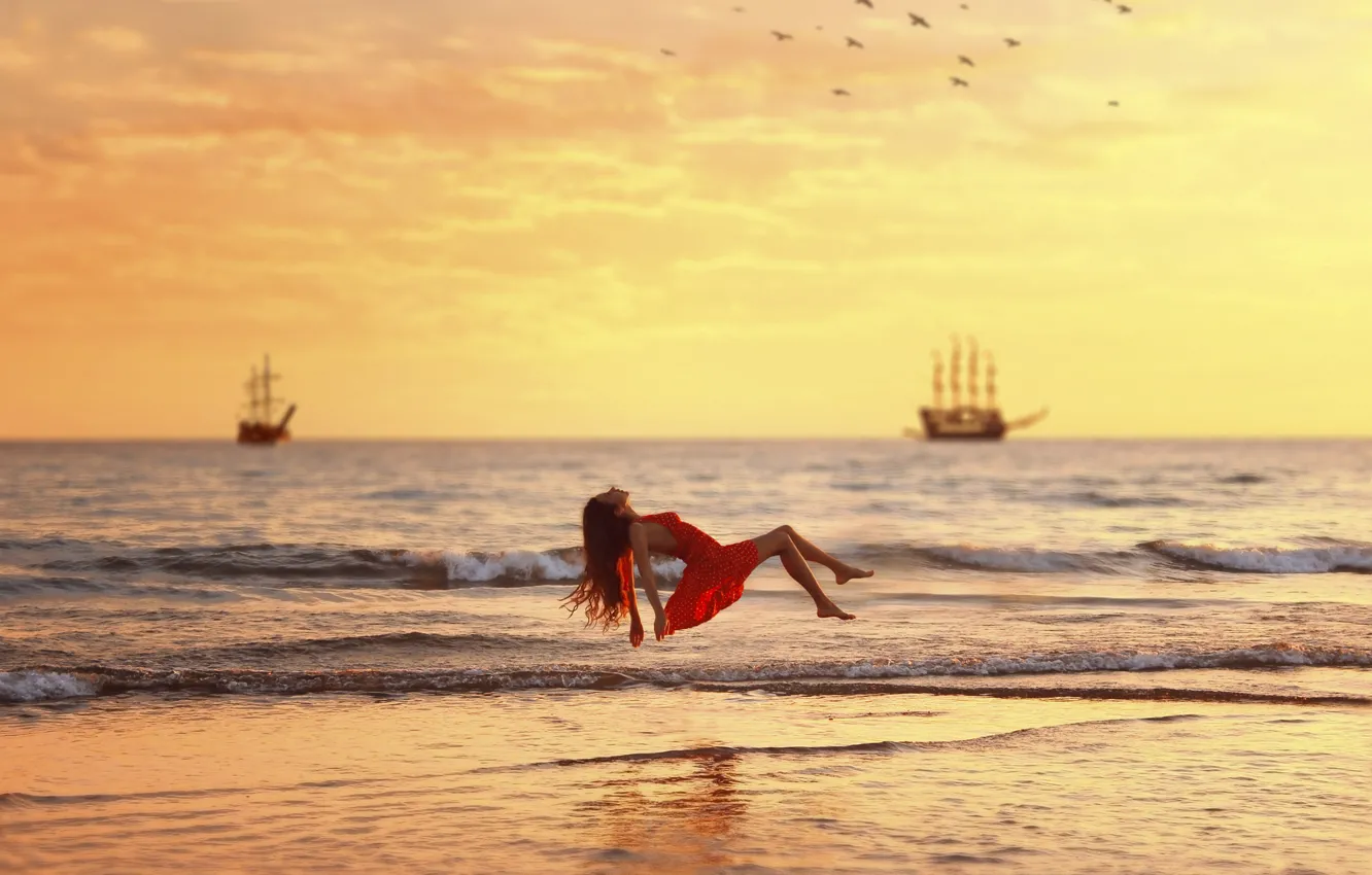 Photo wallpaper Girl, Red, Water, Ocean, Sea, Dress, Over, Levitation