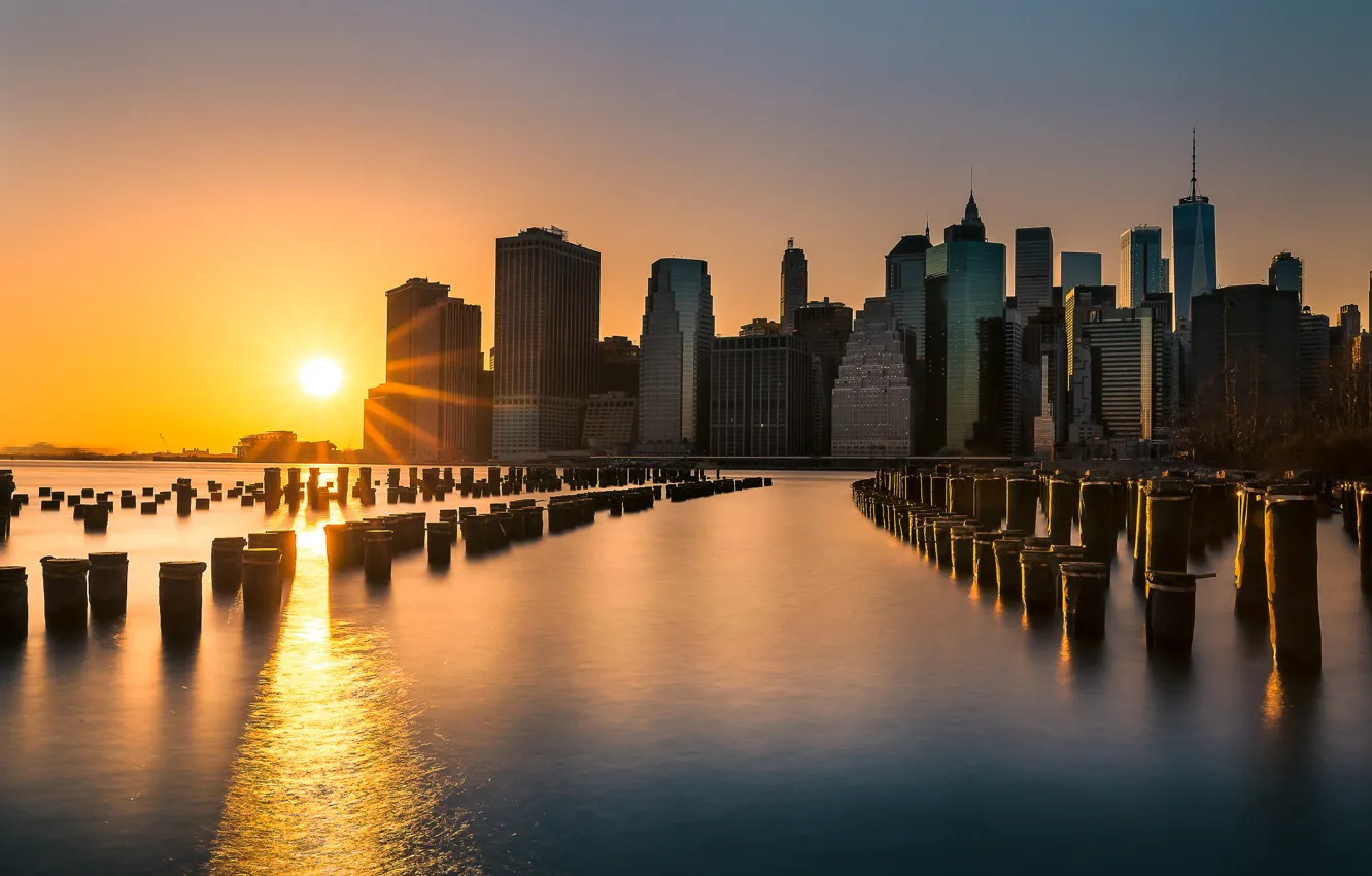 Photo wallpaper sunset, building, New York, skyscrapers, Manhattan, Manhattan, New York City, East River