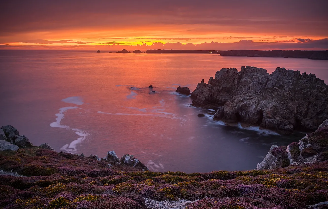 Photo wallpaper sea, sunset, rocks, coast, France, France, Brittany, Brittany