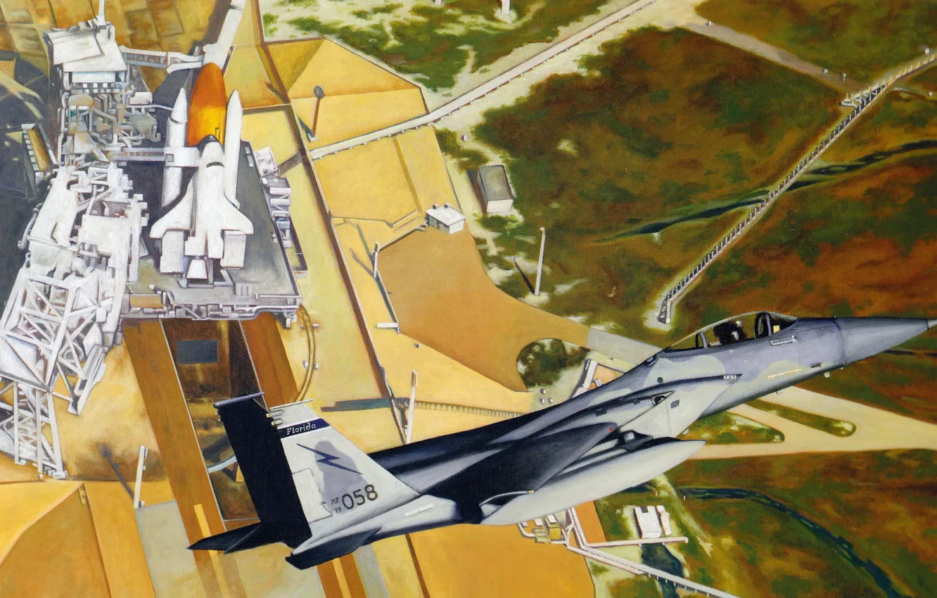 Photo wallpaper the sky, figure, spaceport, F-15 Eagle, American, spaceship, weatherproof, transport