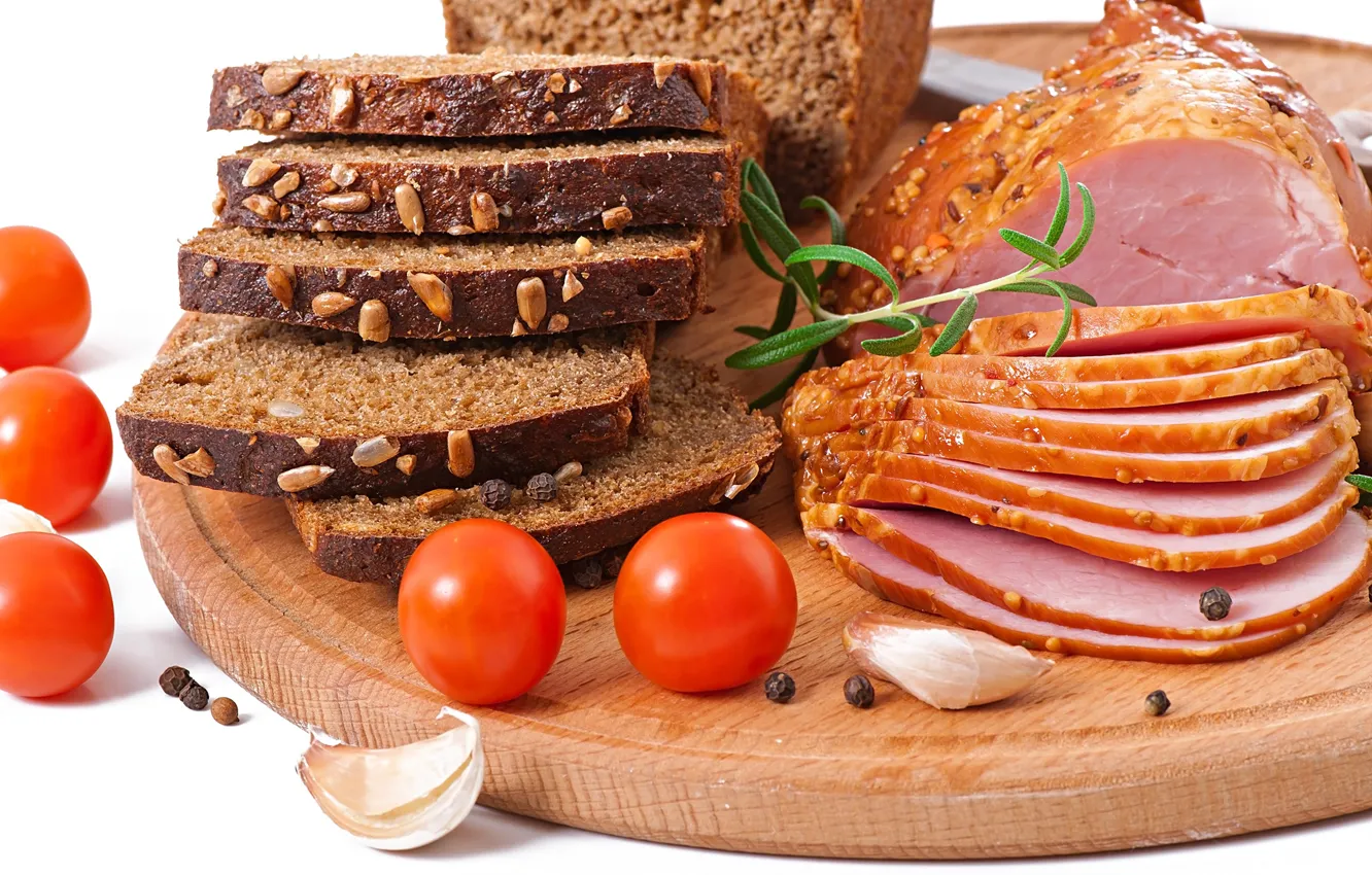 Photo wallpaper bread, meat, Board, tomatoes, ham