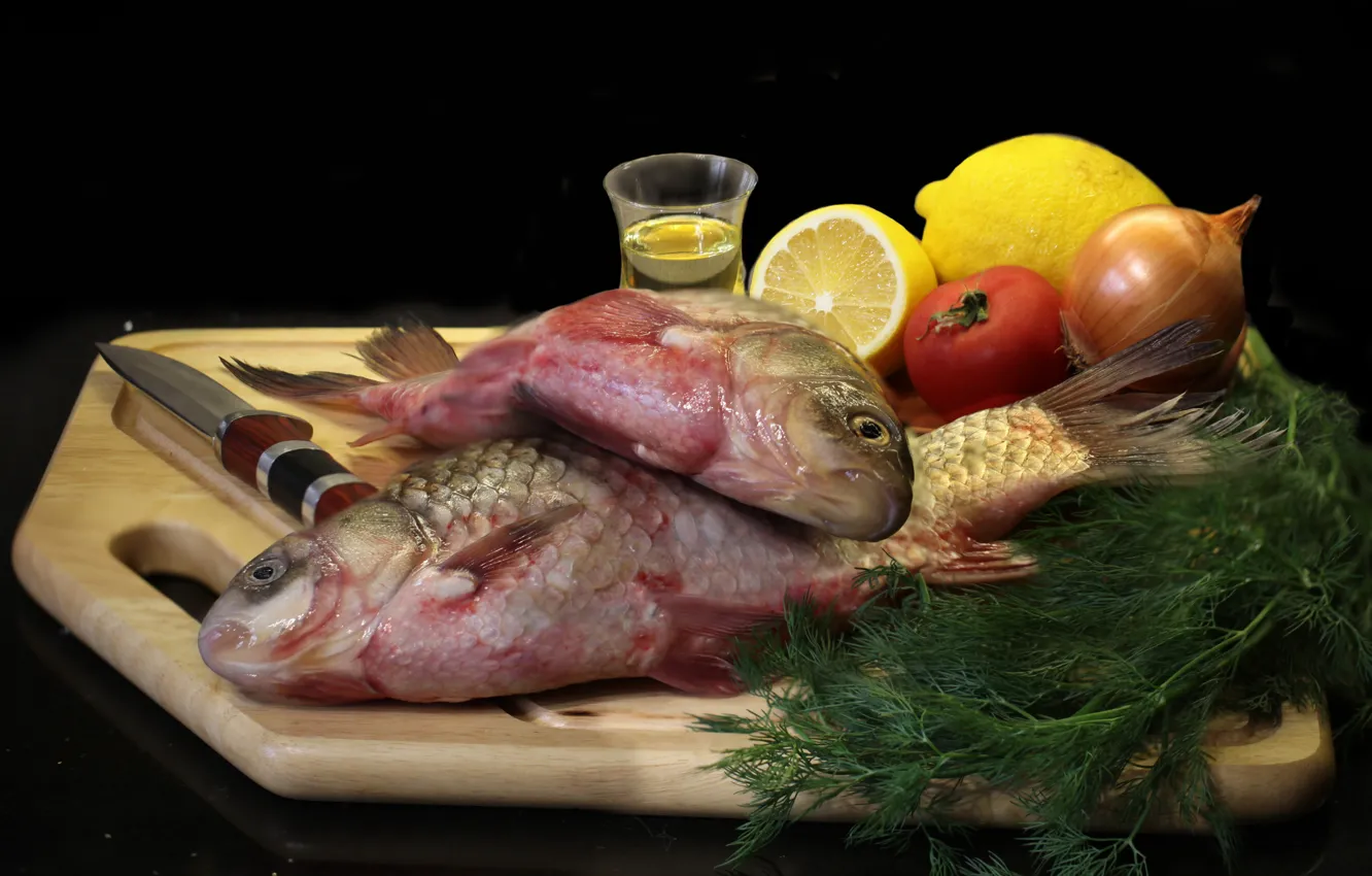 Photo wallpaper lemon, food, fish, carp