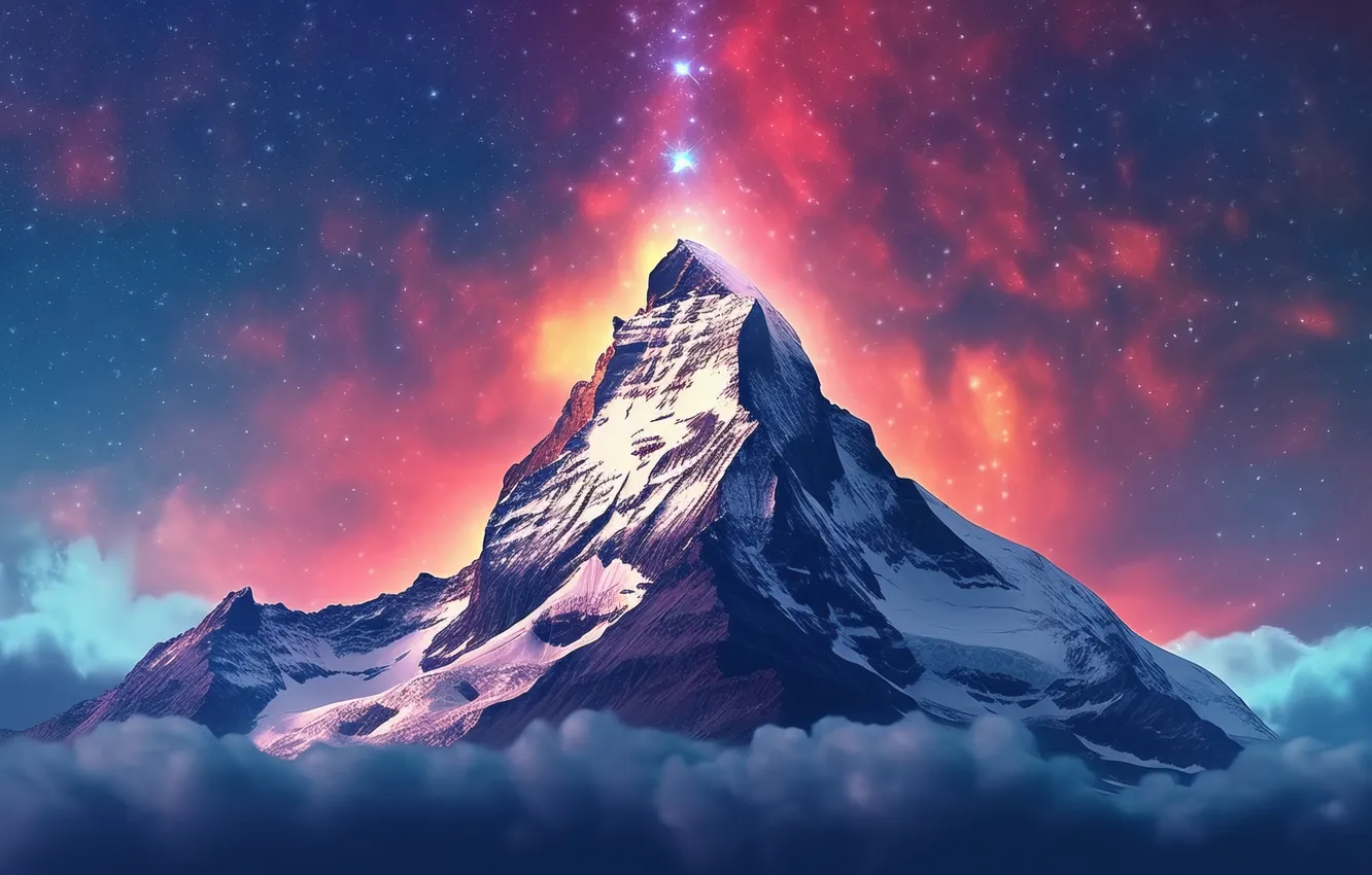 Photo wallpaper sky, nature, mountains, clouds, snow, stars, illustration, AI art