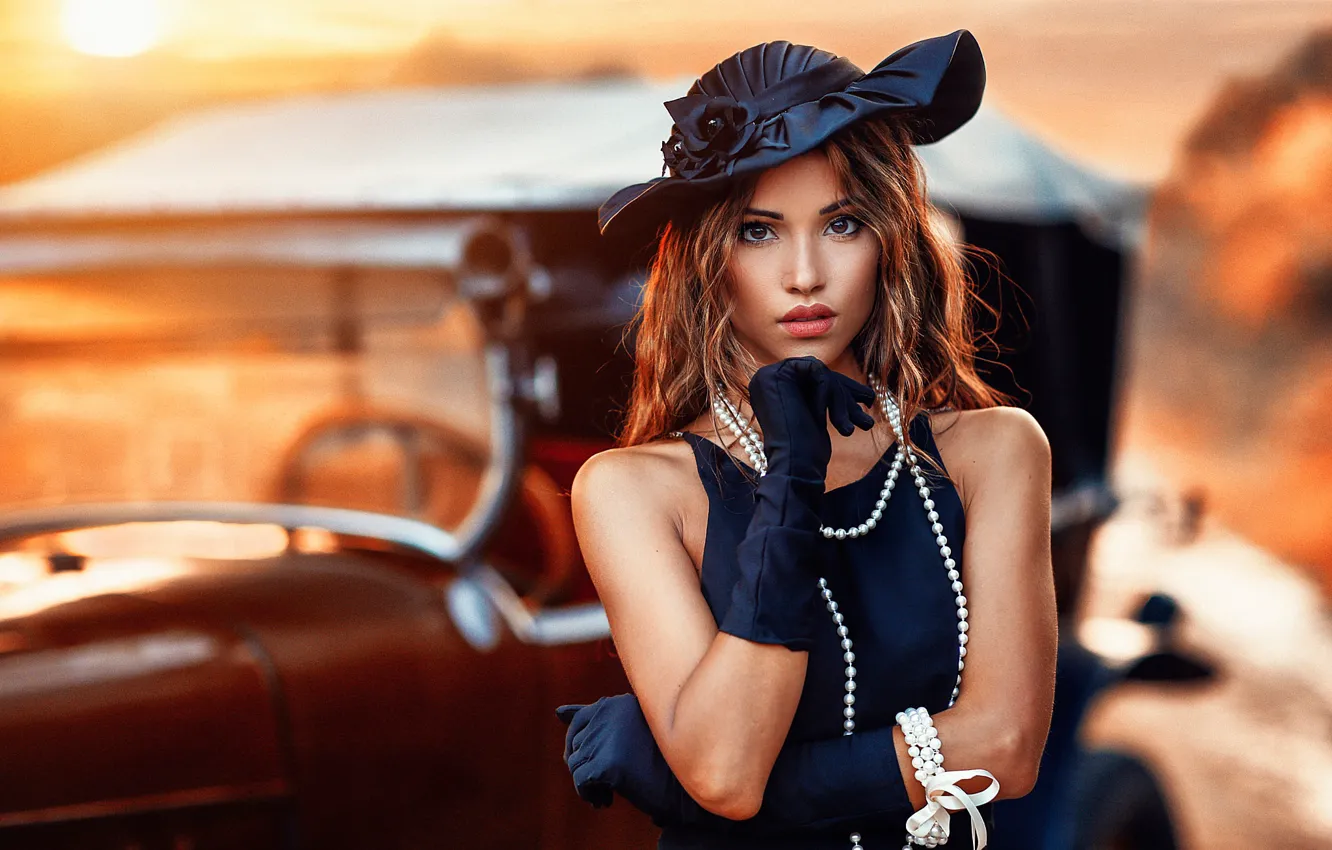 Photo wallpaper girl, retro, hat, makeup, dress, hairstyle, gloves, beads