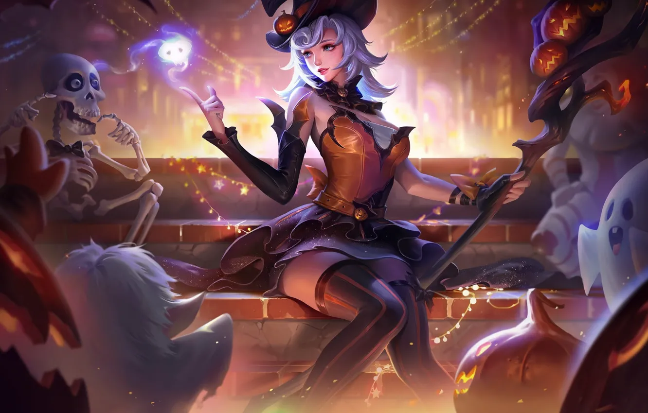 Photo wallpaper magic, stockings, bring, skeleton, haze, witch, night city, garland