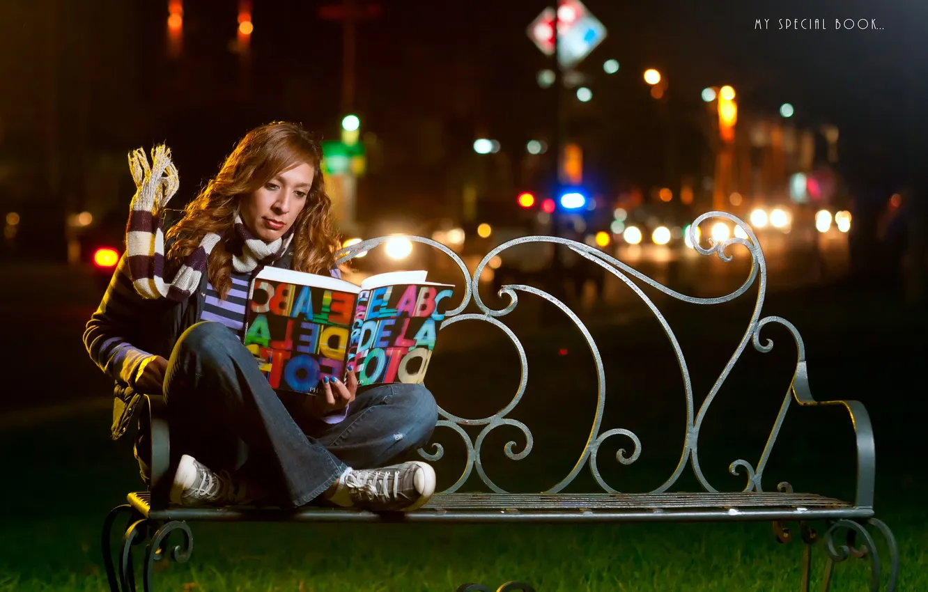 Photo wallpaper girl, book, bench