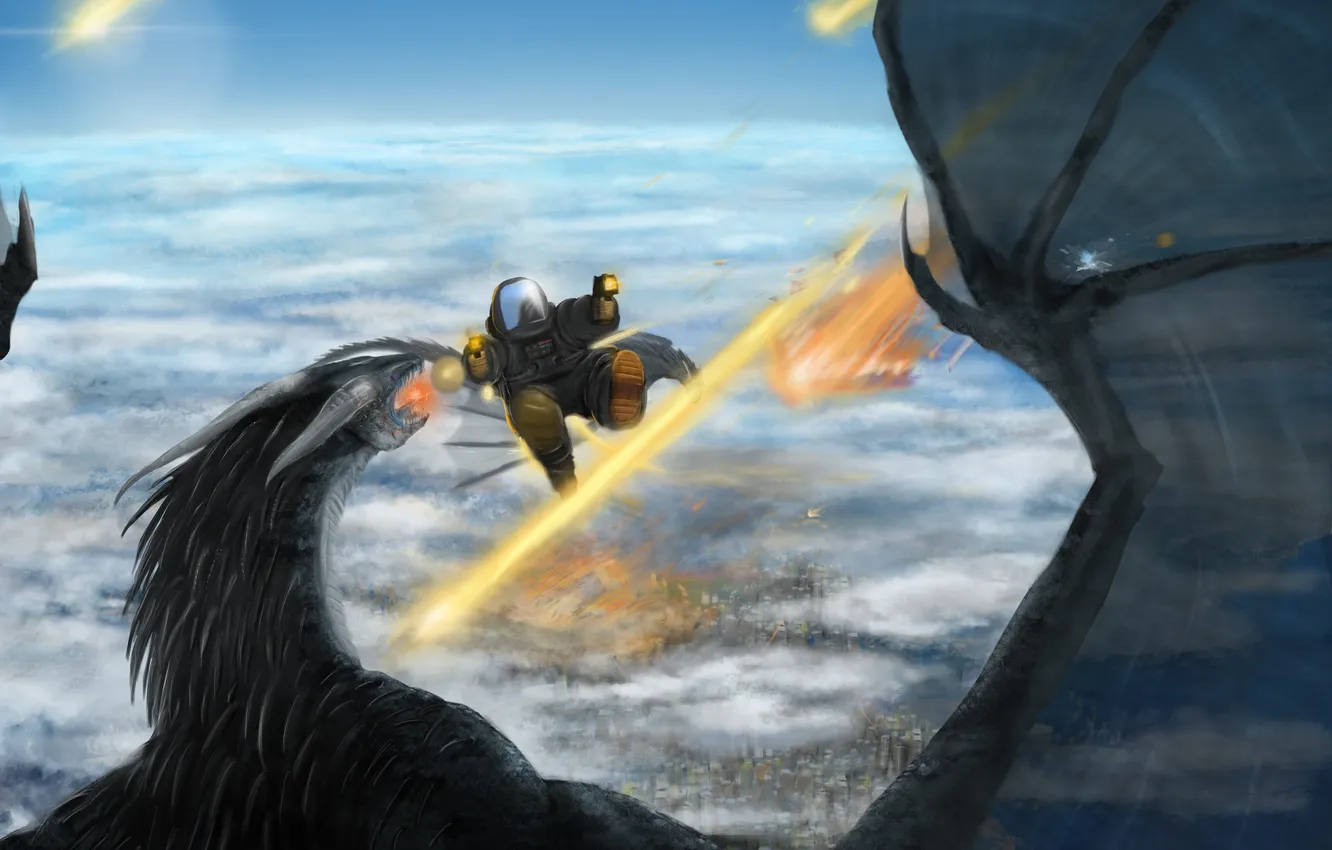 Photo wallpaper the sky, fiction, dragon, wings, art, people. weapons