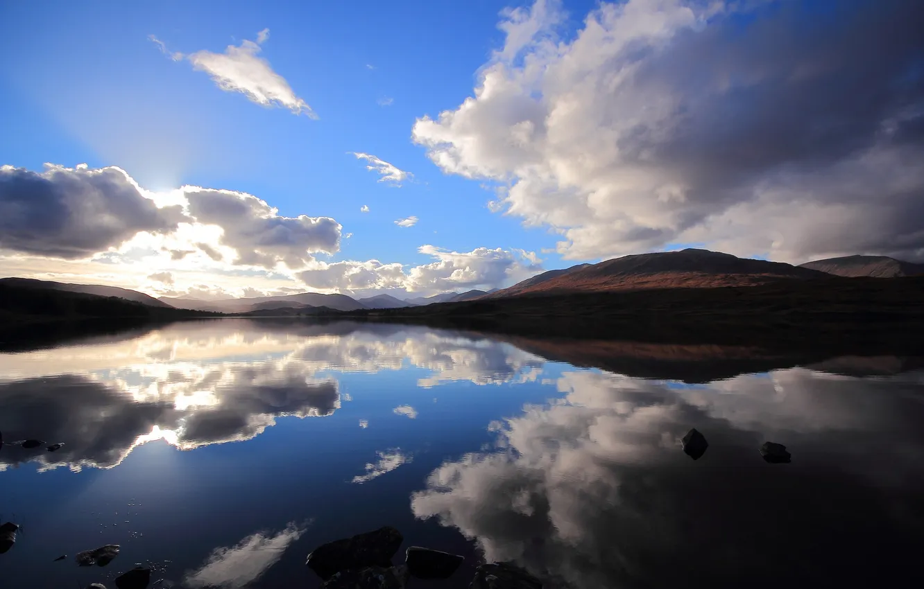 Photo wallpaper clouds, lake, reflection, hills