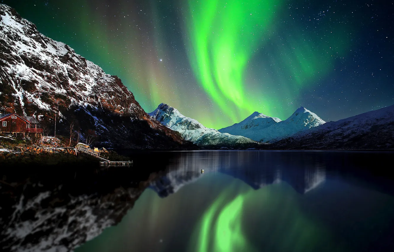 Photo wallpaper the sky, stars, snow, mountains, night, Northern lights, Norway