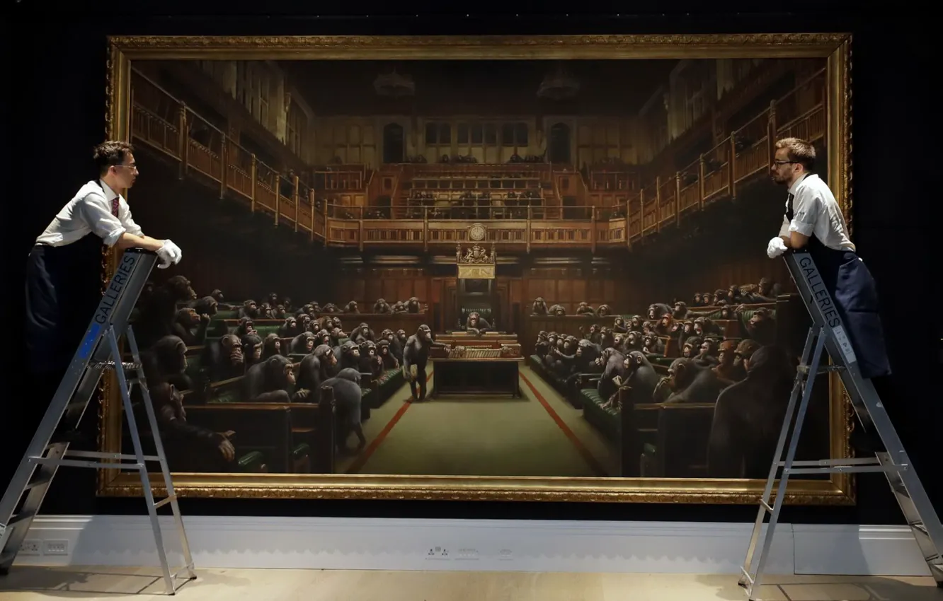 Photo wallpaper picture, Banksy, Devolved Parliament, Monkeys in the British Parliament
