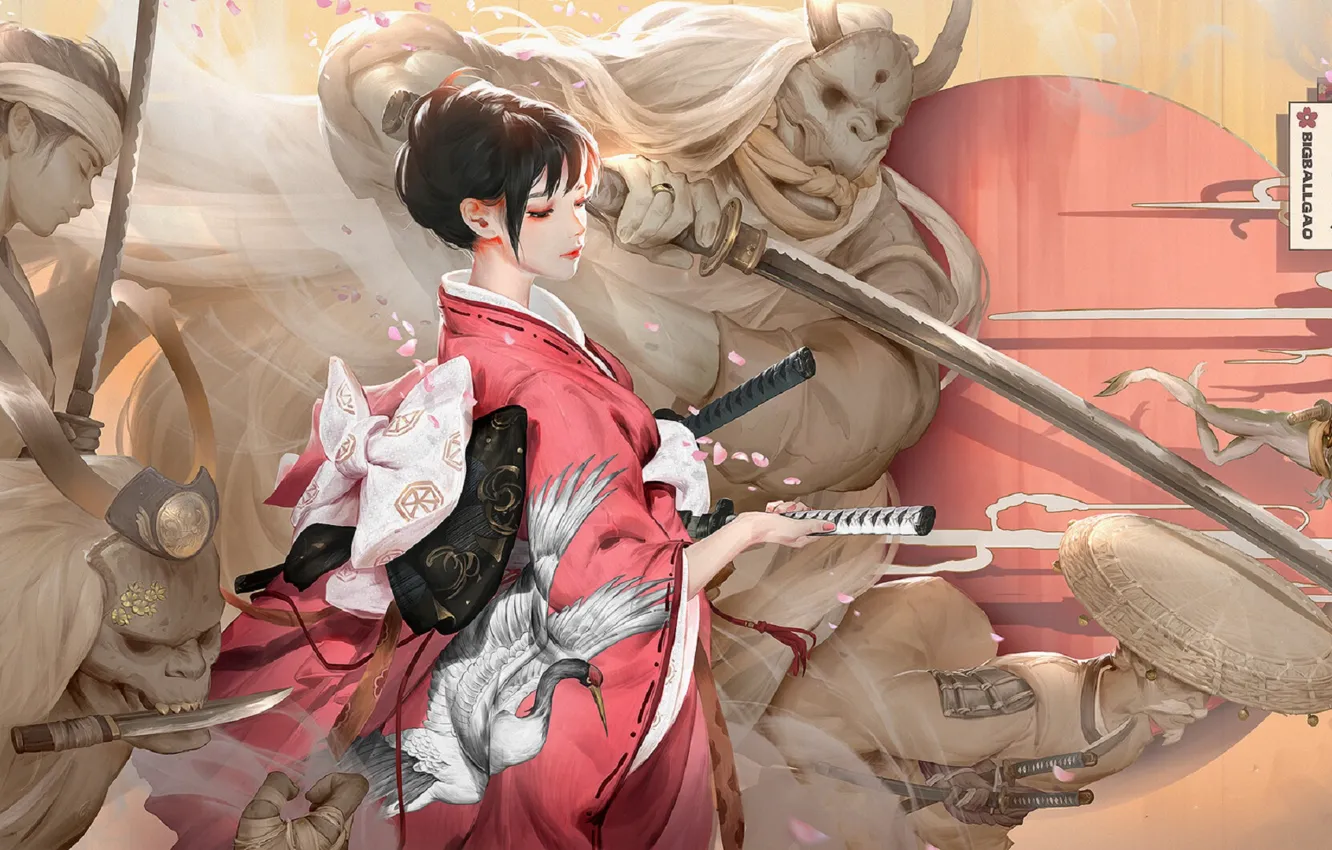 Photo wallpaper katana, Japan, the demon, samurai, Ghost, security, horns, dagger