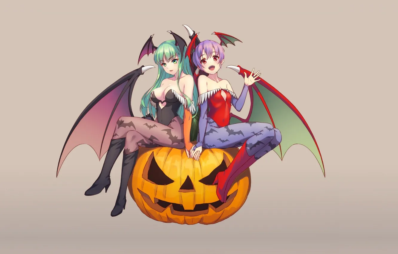 Photo wallpaper boots, neckline, Halloween, corset, grey background, two girls, green hair, Jack