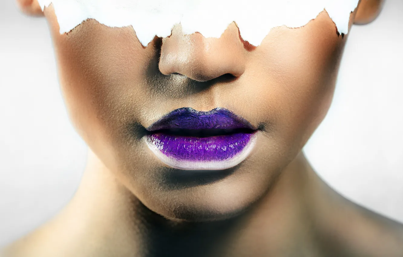 Photo wallpaper purple, girl, close-up, face, background, nose, lipstick, mask