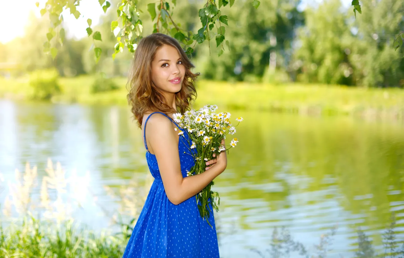 Photo wallpaper greens, summer, girl, trees, flowers, branches, nature, smile
