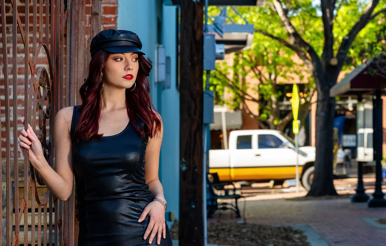 Photo wallpaper look, girl, street, black, hair, makeup, dress, lips