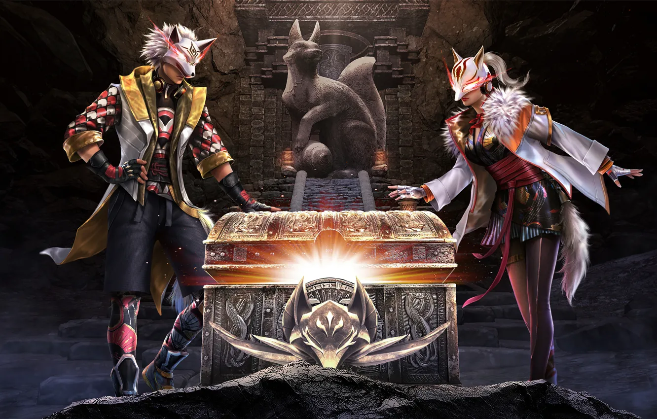 Photo wallpaper girl, lights, the game, mask, girl, guy, chest, game