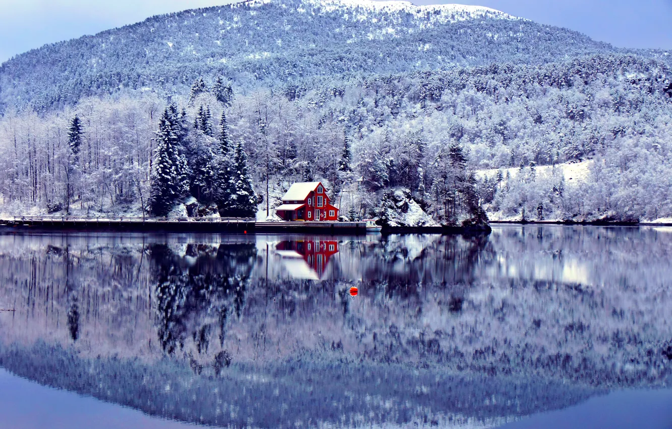 Photo wallpaper winter, forest, mountains, lake, blue, shore, home, float