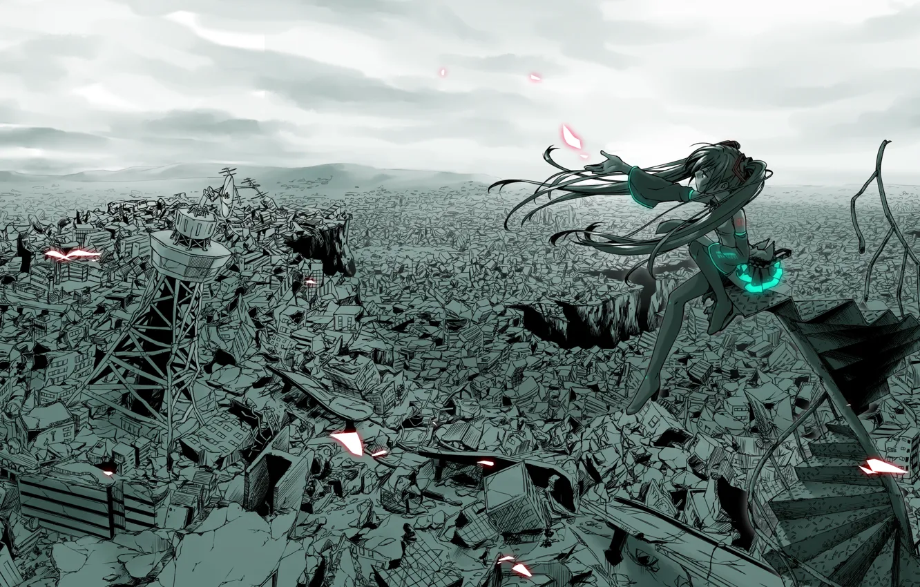 Photo wallpaper the city, Disaster, vocaloid, hatsune miku