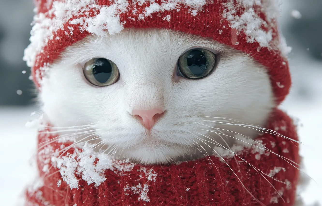 Photo wallpaper winter, cat, white, cat, look, snow, red, hat