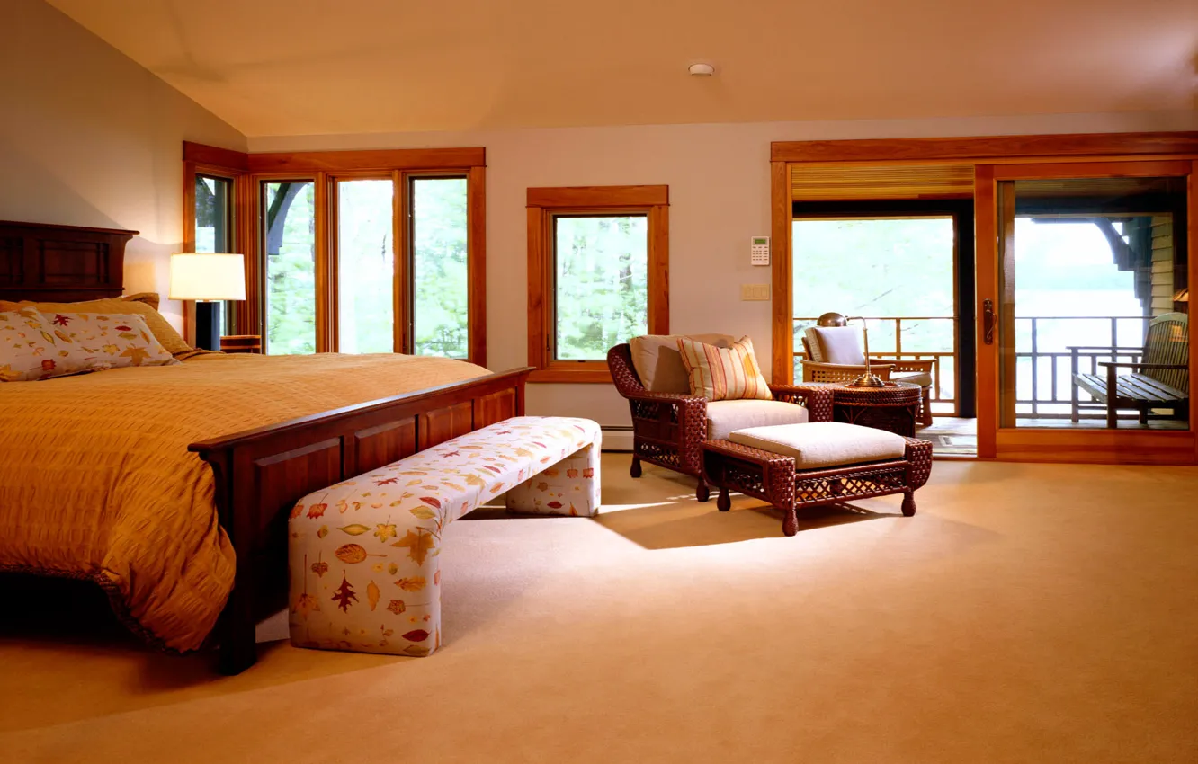 Photo wallpaper yellow, design, style, room, Windows, lamp, bed, interior