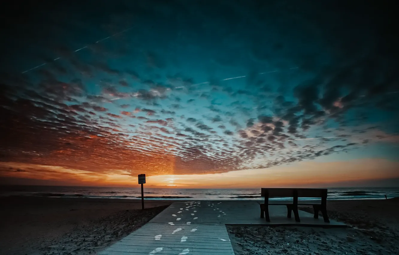 Photo wallpaper sea, sunset, bench