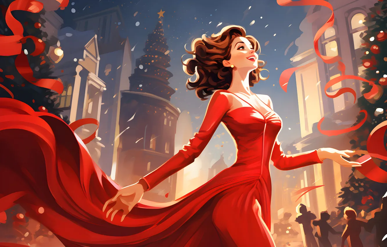 Photo wallpaper girl, smile, tree, new year, home, dress, Christmas, confetti